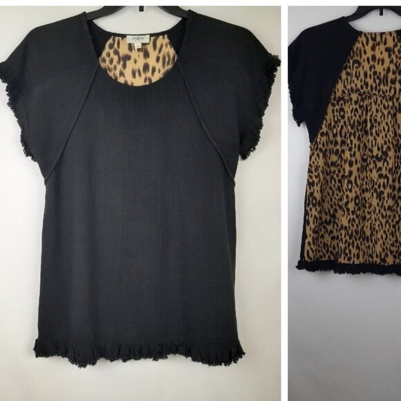 Umgee Size S Linen Blend Black Animal Print Back Fringed Short Sleeves Tunic - Picture 1 of 9
